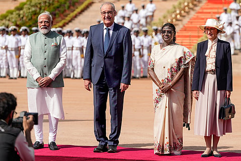 President Droupadi Murmu and Prime Minister Narendra Modi with President of the Swiss Confederation Guy Parmelin and his spouse Caroline Parmelin during a ceremonial reception at Rashtrapati Bhavan, in New Delhi. Parmelin is on an official visit to India to discuss bilateral cooperation and trade ties.