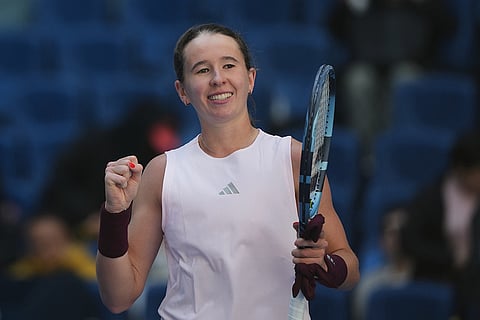 Nikola Bartunkova, of the Czech Republic, reacts after defeating Aryna Sabalenka, of Belarus, in the third round of the women's singles match at the China Open tennis tournament in Beijing, Sunday, Oct. 4, 2026.