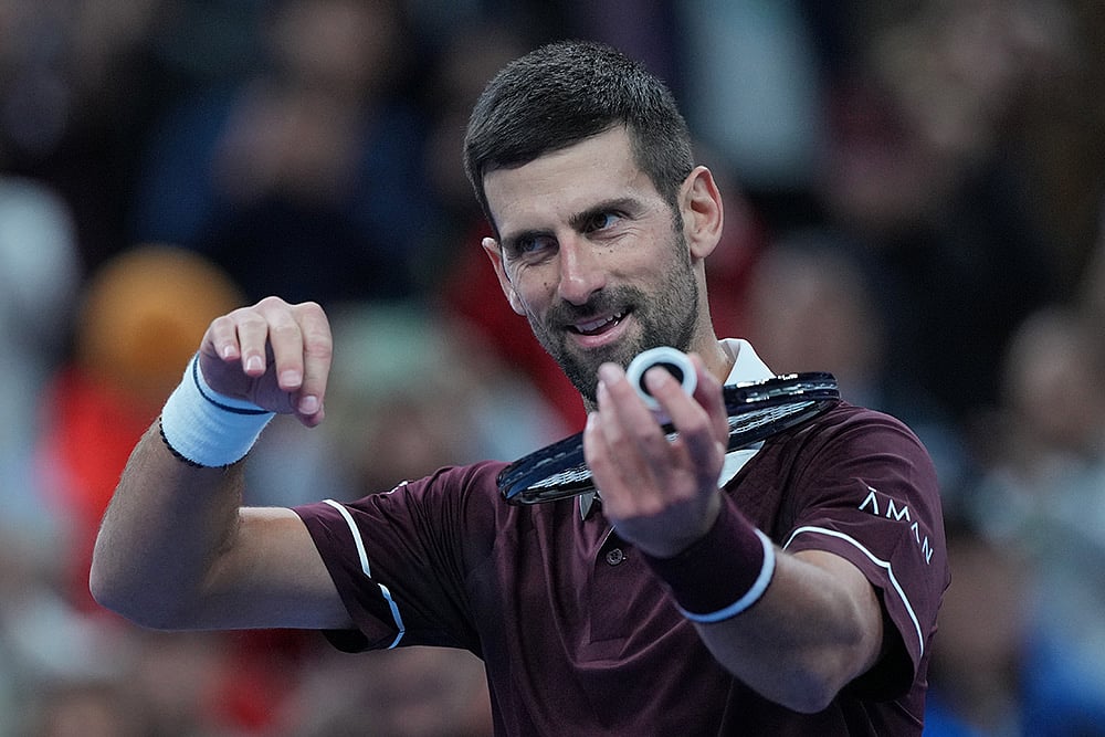 Novak Djokovic, of Serbia, celebrates after defeating Alexander Zverev, of Germany, in the men's singles quarterfinals match at the China Open tennis tournament in Beijing, Sunday, Oct. 4, 2026. - | Photo: AP/Achmad Ibrahim