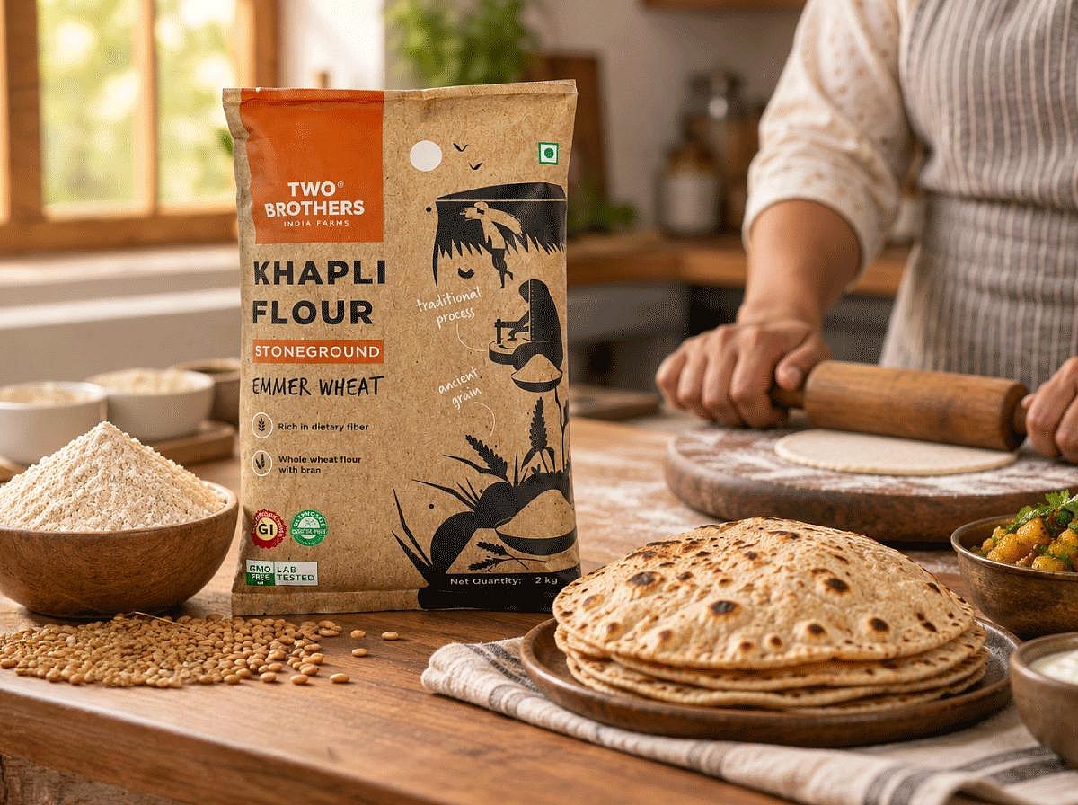 Two Brothers Khapli Flour bag next to rotis