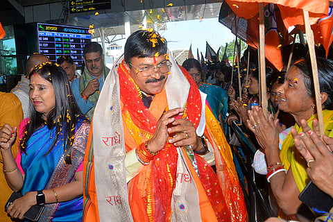 Newly appointed Jharkhand BJP In-Charge and MP Gajendra Singh Patel is welcomed by party workers upon his arrival at Birsa Munda Airport, in Ranchi.