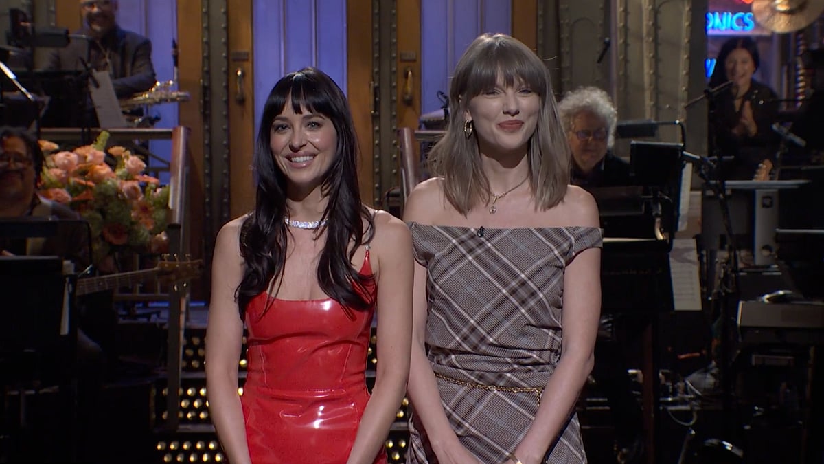 Taylor Swift Surprises Dakota Johnson During SNL Monologue - X