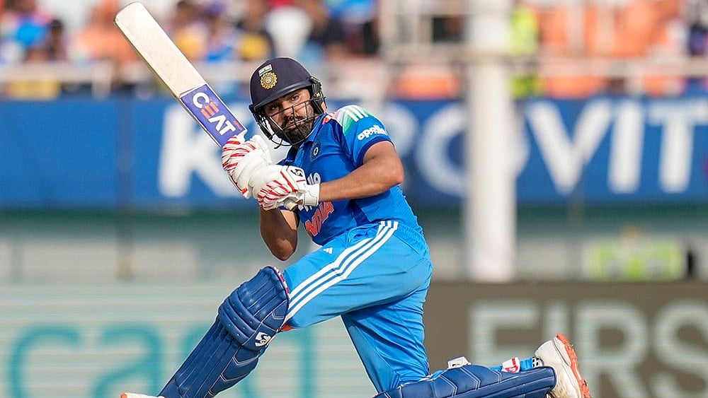 India's Rohit Sharma plays a shot during the third and final One Day International (ODI) cricket match of a series between India and West Indies, in Mullanpur, Saturday, Oct. 3, 2026.
 - | Photo: PTI/Ravi Choudhary