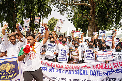 Aspirants take part in a 'Chief Minister Gherao' march against the cancellation of the Bihar Police Sub-Inspector main examination, demanding announcement of the physical test date, in Patna, Bihar.