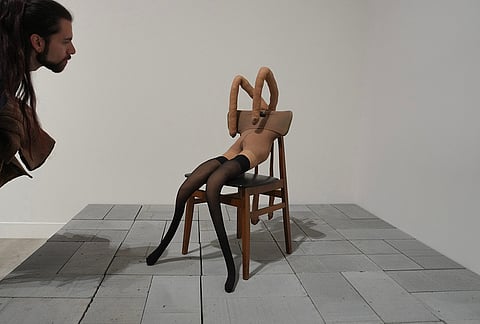 A sculpture "Pauline Bunny" by Sarah Lucas is displayed during a media preview of "The 90s: Art and Fashion exhibition" at Tate Britain in London, Tuesday, Oct. 6, 2026. 
