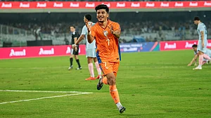 | Photo: X/Indianfootball : Anirudh Thapa scored the equaliser for India against Uruguay