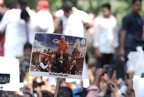 INDIA bloc protest march from Parliament toward the Election Commission of India (ECI) office, demanding the resignation of Chief Election Commissioner Gyanesh Kumar, near Reserve Bank of India (RBI) office, in New Delhi, Tuesday, Oct. 6, 2026. 
