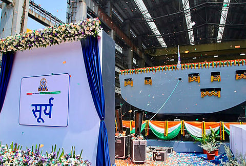 A view of the newly launched first Fleet Support Ship (FSS-1) ‘Surya’, in Visakhapatnam.