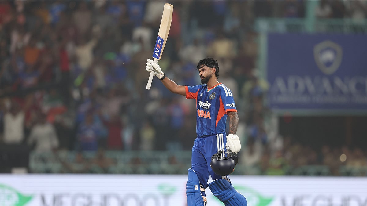 Shreyas Iyer celebrating after smashing his maiden T20I century during India vs West Indies 1st T20I in Lucknow - X/BCCI