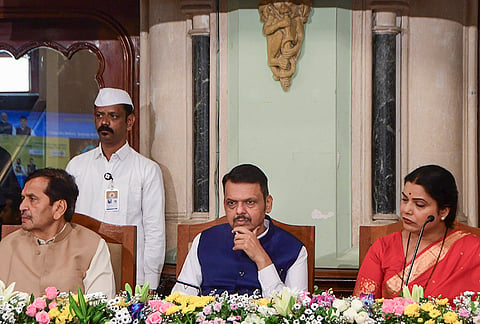 Maharashtra Chief Minister Devendra Fadnavis, state Minister Mangal Prabhat Lodha and others during the unveiling event of the ‘Participate Mumbai’ logo and inauguration of the online portal, in Mumbai.