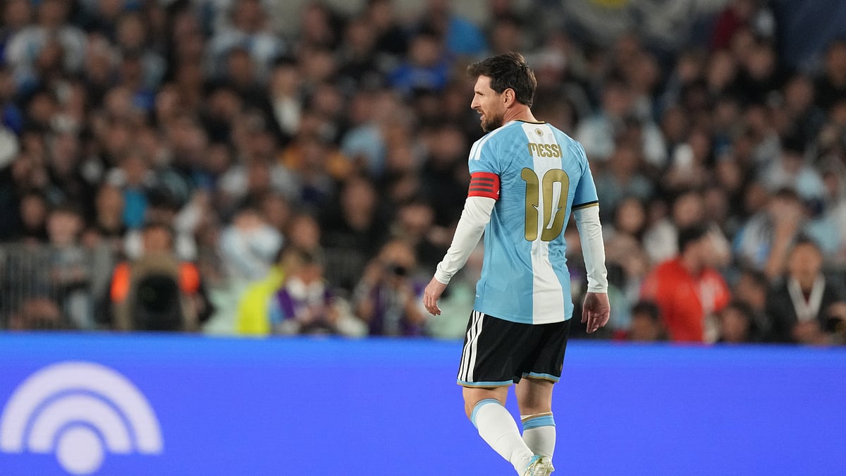 Argentina's Lionel Messi looks on during his final match for the national team, a soccer friendly against Benin, in Buenos Aires, Argentina, Tuesday, Oct.6, 2026. - (AP Photo/Natacha Pisarenko)