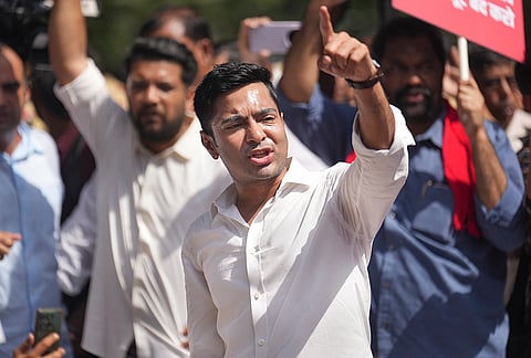 Trinamool Congress (TMC) MP Abhishek Banerjee during a demonstration as part of the INDIA bloc's march towards the Election Commission of India office, demanding the resignation of Chief Election Commissioner Gyanesh Kumar, in New Delhi, Tuesday, Oct. 6, 2026. 
