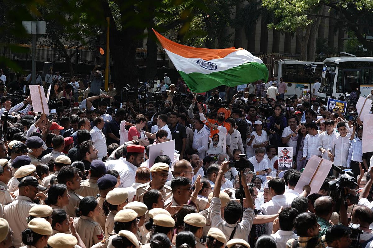 Leader of Opposition in the Lok Sabha Rahul Gandhi along with senior opposition leaders and MPs from the INDIA bloc during a protest march from Parliament toward the Election Commission of India (ECI) office, demanding the resignation of Chief Election Commissioner Gyanesh Kumar, near Reserve Bank of India (RBI) office, in New Delhi, Tuesday, Oct. 6, 2026. 
 - | Photo: Tribhuvan Tiwari/Outlook