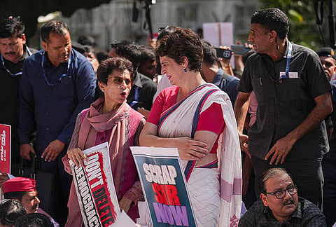 Congress leader Priyanka Gandhi Vadra and party MP Kumari Selja during the INDIA bloc's protest march from Parliament toward the Election Commission of India (ECI) office, demanding the resignation of Chief Election Commissioner Gyanesh Kumar, in New Delhi, Tuesday, Oct. 6, 2026. 
