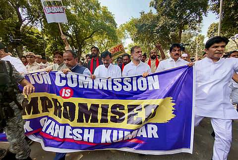 Leader of Opposition in the Lok Sabha Rahul Gandhi, Shiv Sena (UBT) MP Sanjay Raut, AICC General Secretary (Organisation) and MP KC Venugopal and others during a protest march from Parliament to the Election Commission of India (ECI) office, demanding the resignation of Chief Election Commissioner Gyanesh Kumar, in New Delhi. 