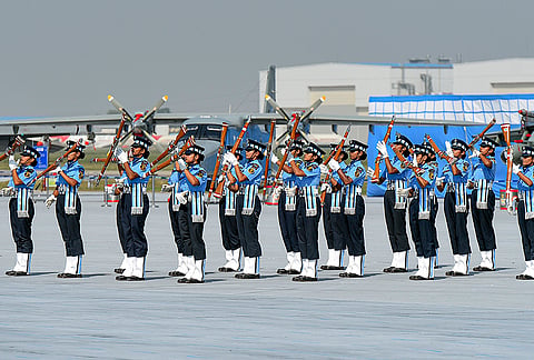 Air Force officials take part in a full dress rehearsal ahead of the 94th Indian Air Force Day 2026, in Ghaziabad.