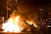 In Photos | Barcelona Protests Erupt After Sánchez Calls Snap Election Amid Housing Crisis | Photo: AP/Emilio Morenatti : Protesters set trash cans on fire during clashes with police following a demonstration over Spain's housing crisis, hours after Prime Minister Pedro Sánchez announced an early general election, in Barcelona, Spain, Monday, Oct. 5, 2026.