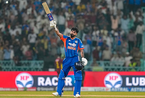 India's captain Shreyas Iyer celebrates his century during the first T20I cricket match of a series between India and West Indies, in Lucknow, Uttar Pradesh, Tuesday, Oct. 6, 2026. 
