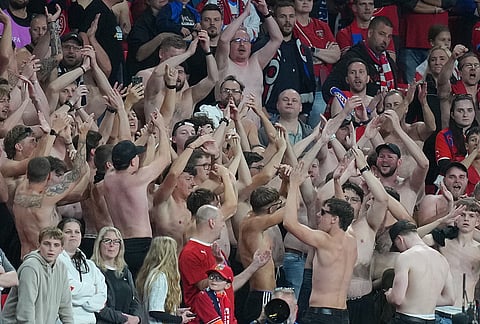 England fans cheer during the UEFA Nations League soccer match between England and Czechia in London, Tuesday, Oct. 6, 2026. 