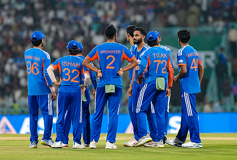 India's players wait for the decision of the third umpire for the wicket of the West Indies' Matthew Forde during the first T20I cricket match of a series between India and West Indies, in Lucknow, Uttar Pradesh, Tuesday, Oct. 6, 2026. 