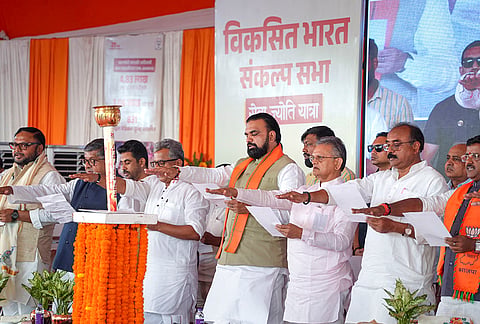 Bihar Chief Minister Samrat Choudhary and BJP MP Ravi Shankar Prasad during the 'Viksit Bharat Sankalp Sabha’, in Patna, Wednesday, Oct 7, 2026. 
