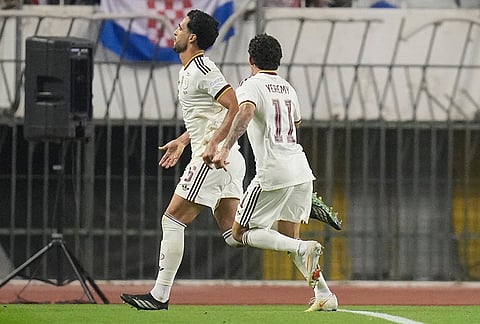 Spain's Mikel Merino, left, celebrates scoring his side's 2nd goal during a Nations League soccer match between Croatia and Spain in Split, Croatia, Tuesday, Oct. 6, 2026. 