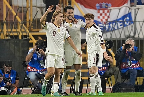 Spain's Mikel Merino, center, celebrates scoring his side's 2nd goal during a Nations League soccer match between Croatia and Spain in Split, Croatia, Tuesday, Oct. 6, 2026. 