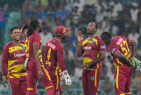 West Indies' captain Shai Hope with teammates during the first T20I cricket match of a series between India and West Indies, in Lucknow, Uttar Pradesh, Tuesday, Oct. 6, 2026. 