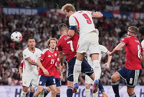 England's Harry Kane scores third goal during the UEFA Nations League soccer match between England and Czechia in London, Tuesday, Oct. 6, 2026. 
