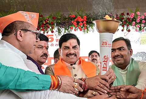 Madhya Pradesh CM Mohan Yadav during the ‘Viksit Bharat Sankalp Sabha - Seva Jyoti Yatra’, marking PM Narendra Modi's 25 years in public office, in Ujjain. 
