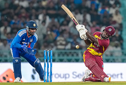West Indies’ Sherfane Rutherford plays a shot during the first T20I cricket match of a series between India and West Indies, in Lucknow, Uttar Pradesh, Tuesday, Oct. 6, 2026. 