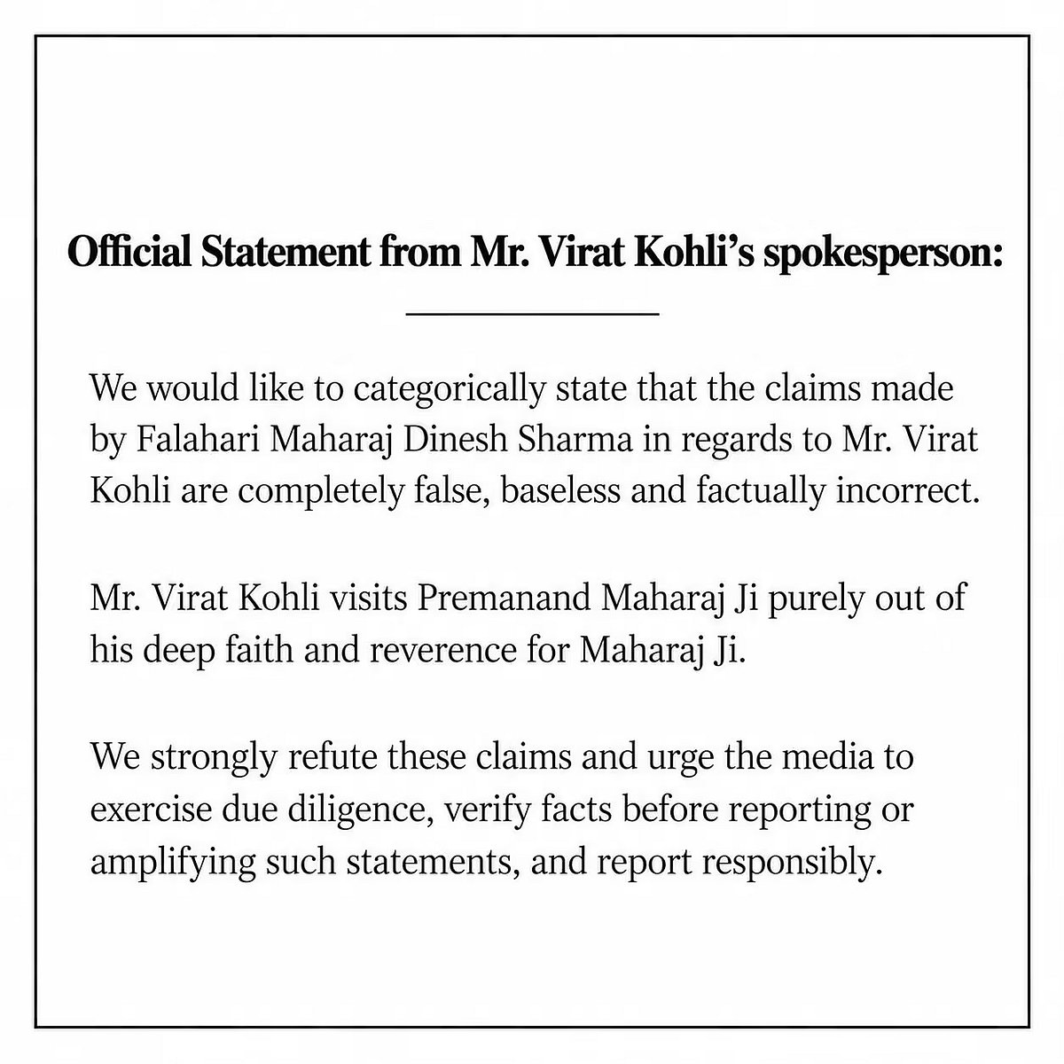 Official Statement from Virat Kohlis Team