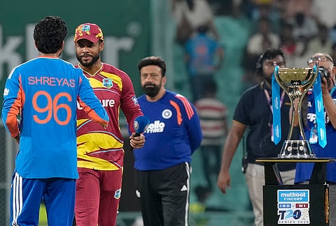 India’s captain Shreyas Iyer, left, and West Indies captain Shai Hope at toss before the first T20I cricket match of a series between India and West Indies, in Lucknow, Uttar Pradesh, Tuesday, Oct. 6, 2026. 