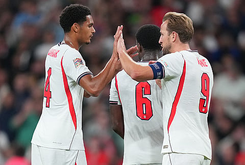 England's Jarell Quansah, left, and Harry Kane react after second goal during the UEFA Nations League soccer match between England and Czechia in London, Tuesday, Oct. 6, 2026. 