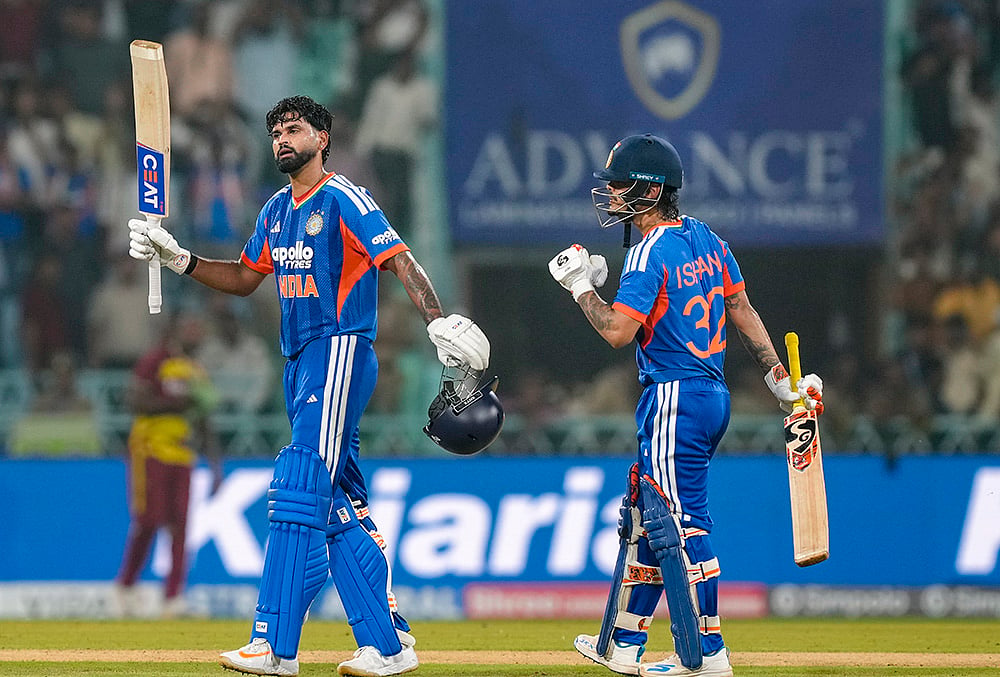India's captain Shreyas Iyer celebrates his century with Ishan Kishan during the first T20I cricket match of a series between India and West Indies, in Lucknow, Uttar Pradesh, Tuesday, Oct. 6, 2026.  - | Photo: PTI/Shahbaz Khan