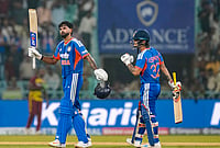 Shreyas Iyer’s Stunning Century, Naman Dhir’s Three-For Seal India Win | Photo: PTI/Shahbaz Khan : India's captain Shreyas Iyer celebrates his century with Ishan Kishan during the first T20I cricket match of a series between India and West Indies, in Lucknow, Uttar Pradesh, Tuesday, Oct. 6, 2026.