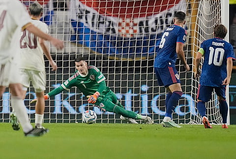 Croatia's goalkeeper Dominik Livakovic fails to block a shot by Spain's Mikel Merino for Spain's first goal during a Nations League soccer match between Croatia and Spain in Split, Croatia, Tuesday, Oct. 6, 2026. 
