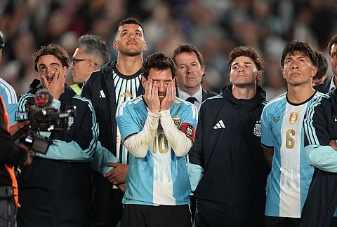Argentina's Lionel Messi reacts after his final match for the national team, a soccer friendly against Benin, in Buenos Aires, Argentina, Tuesday, Oct.6, 2026. 