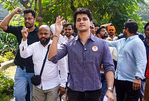Cockroach Janta Party (CJP) co-convenor and spokesperson Saurav Das, along with party supporters, marches towards the Parliament Street Police Station from Patel Chowk, in New Delhi. Das reached the police station to hand-deliver a formal intimation letter notifying the Delhi Police of the party's planned nationwide youth demonstration at Jantar Mantar on October 10.