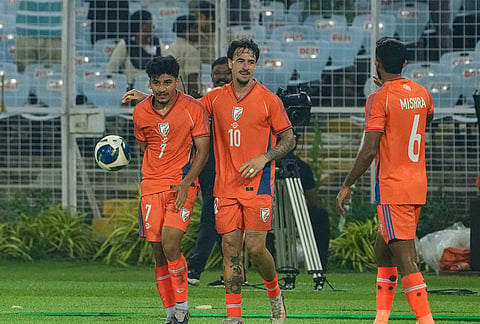 India's Anirudh Thapa, left, celebrates with Ryan Williams after scoring a goal during an International friendly Football match between India and Uruguay, in Kolkata, Tuesday, Oct. 6, 2026. 
