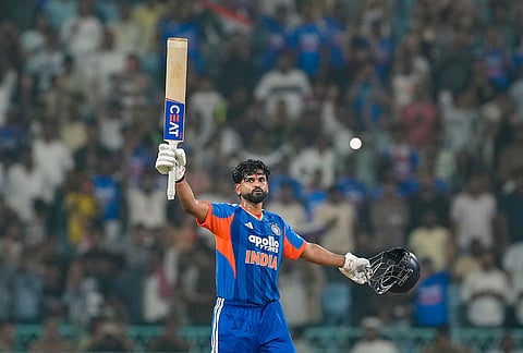 India's captain Shreyas Iyer celebrates his century during the first T20I cricket match of a series between India and West Indies, in Lucknow, Uttar Pradesh, Tuesday, Oct. 6, 2026. 