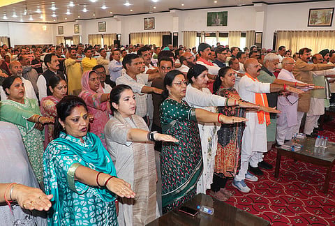 BJP MLAs take a pledge during the 'Viksit Bharat Sankalp Sabha', marking PM Narendra Modi's 25 years in public office, in Jammu, Wednesday, Oct. 7, 2026. 

