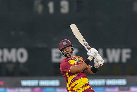 West Indies captain Shai Hope plays a shot during the first T20I cricket match of a series between India and West Indies, in Lucknow, Uttar Pradesh, Tuesday, Oct. 6, 2026. 