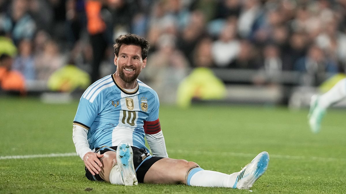 Argentina's Lionel Messi reacts during his final match for the national team, a soccer friendly against Benin, in Buenos Aires, Argentina, Tuesday, Oct.6, 2026. - (AP Photo/Natacha Pisarenko)