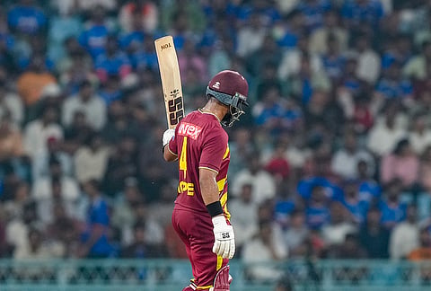 West Indies’ captain Shai Hope celebrates his half century during the first T20I cricket match of a series between India and West Indies, in Lucknow, Uttar Pradesh, Tuesday, Oct. 6, 2026. 