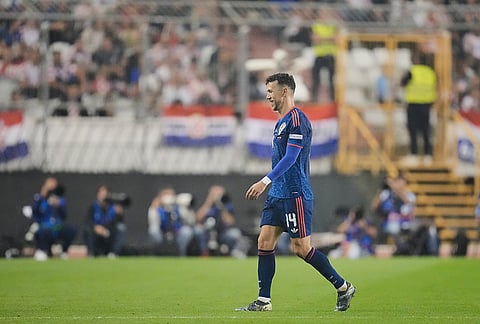 Croatia's Ivan Perisic leaves the pitch after receiving a red card during a Nations League soccer match between Croatia and Spain in Split, Croatia, Tuesday, Oct. 6, 2026. 