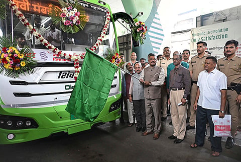Maharashtra Transport Minister Pratap Sarnaik flags off the MSRTC bus service from Mumbai to Navi Mumbai International Airport at Dadar MSRTC bus stand, in Mumbai, Maharashtra.
