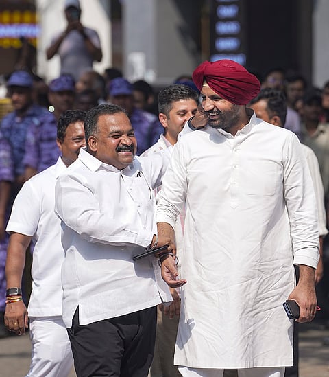 Congress leaders Amarinder Singh Raja Warring and Manickam Tagore and others arrive as party President Mallikarjun Kharge hosts lunch for INDIA bloc MPs at Sagar Ratna restaurant, Janpath, in New Delhi.
