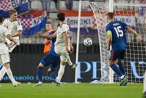 Spain's Mikel Merino, center, scores his side's 2nd goal during a Nations League soccer match between Croatia and Spain in Split, Croatia, Tuesday, Oct. 6, 2026. 