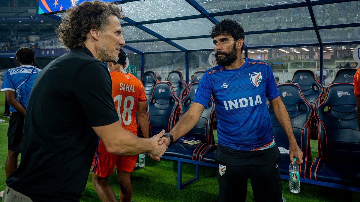 Diego Forlan and Khalid Jamil greet each other after India vs Uruguay International Friendly 2026.  - Rajesh G/AIFF